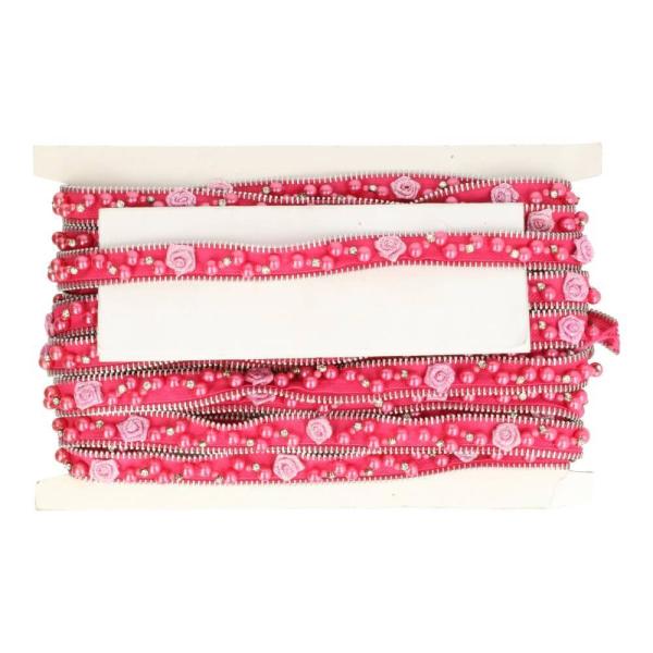 Reißverschluss-Band Rosa mit Perlen und Röschen in Pink 23mm